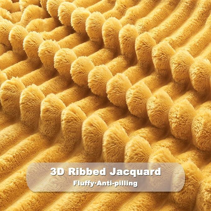 NEWCOSPLAY Super Soft Throw Blanket Mustard Yellow Premium Silky Flannel Fleece 3D Ribbed Jacquard Lightweight Bed Blanket All Season Use (Mustard Yellow Ribbed, Throw(50