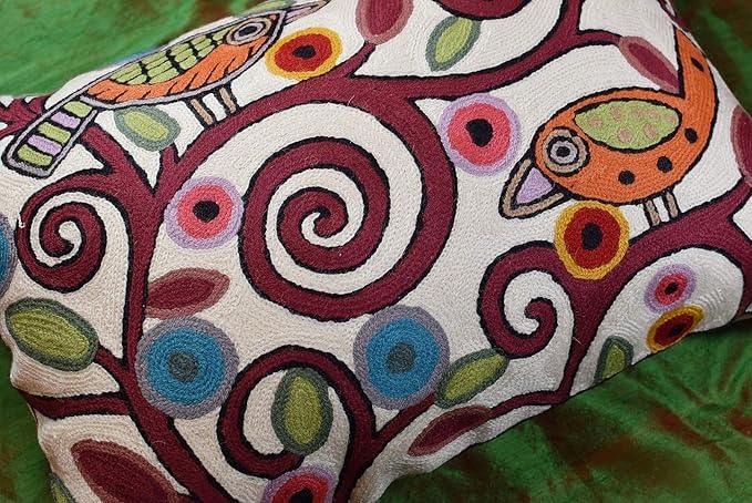 Lumbar Klimt Modern Pillow Cover | Cream, Multicolor Tree of Life, Birds, Floral Suzani Floral Pattern | 14