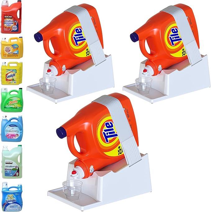 TidyFriend 3 Pack Liquid Laundry Detergent Holder Stand with Drip Tray & Rubber-Grip Feet, Stand for Laundry Room Organization and Storage, Fabric Softener Dispenser with Cup Holder (White)