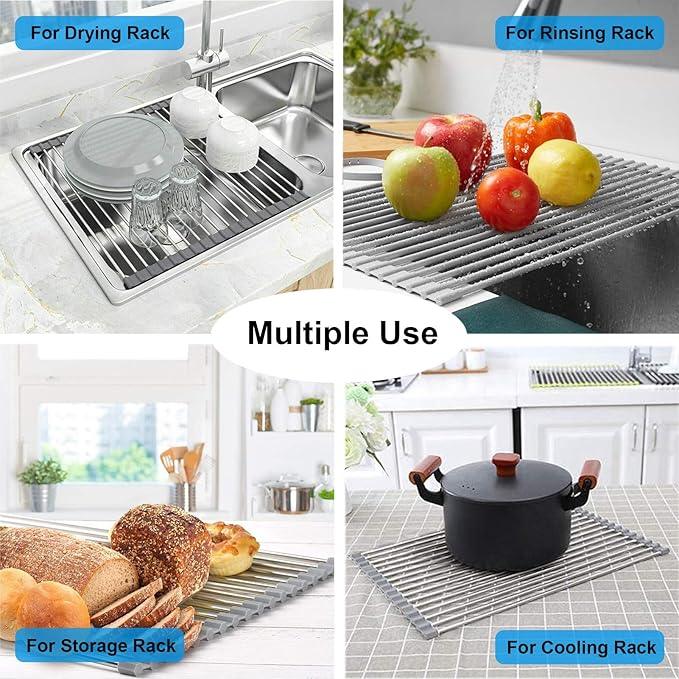 Searik Dish Drying Rack Roll Up Sink Drying Rack, Over The Sink Dish Rack Multi-Use Stainless Steel Dish Drainers Heat Resistant Mat for Drying Draining Trivet (17.7