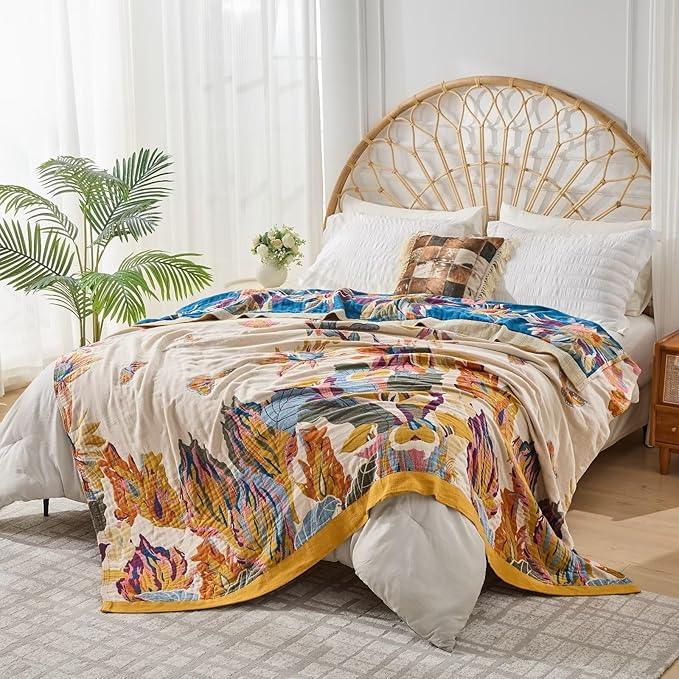 100% Muslin Throw Blanket for Couch, Butterfly and Floral Double Embroidery Summer Throw Blanket 60