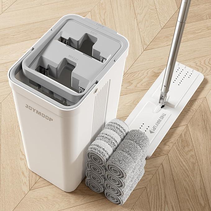JOYMOOP Mop and Bucket Set with Wringer, Dust Mops for Floor Cleaning, Wall Cleaner with Long Handle,Wet and Dry Use - 8 Microfiber Mop Pads