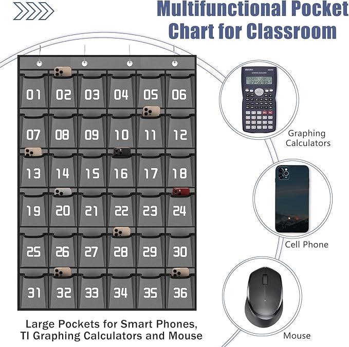 Loghot Classroom Accessories Closet Pocket Chart for Cell Phones Holder Wall Door Hanging Organizer (36 Pockets Gray)