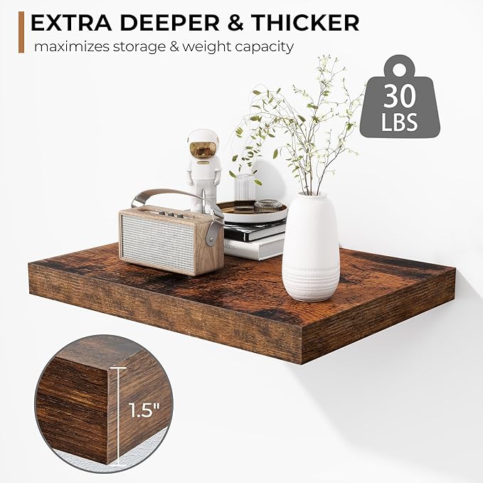 Fun Memories Floating Shelves - 2 Pack 12 Inch Deep Rustic Wooden Wall Shelves - Extra Deeper & Thicker Wall Mounted Storage Shelf for Living Room, Kitchen, Farmhouse - 16