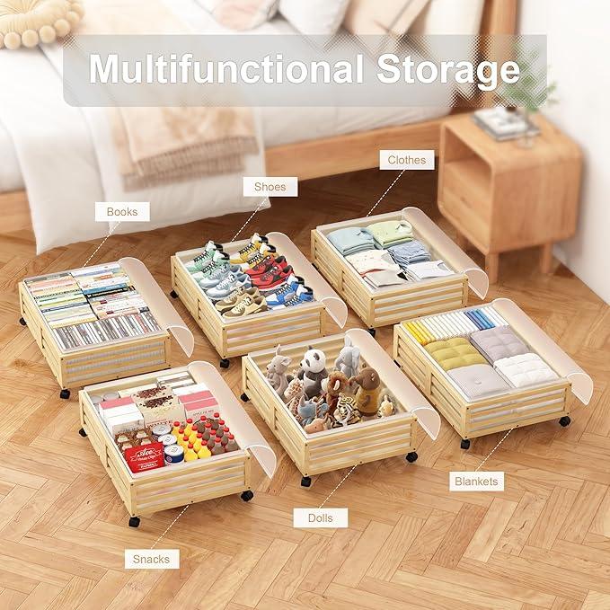 Under Bed Storage with Wheels-Large Bamboo Underbed storage Containers with Large Dust Bag Stackable Under the Bed Shoe Storage Bins for Clothes Books Bedding (2 Packs Nature, 23.62