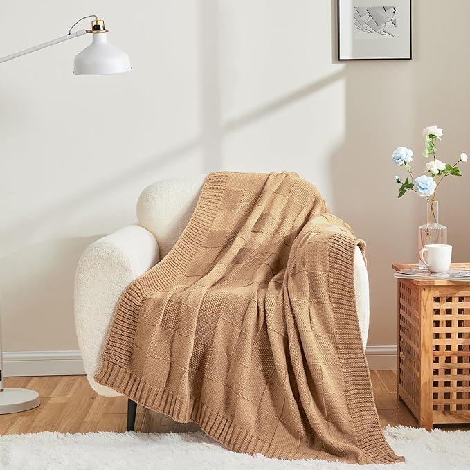 CozeCube Check Knit Throw Blanket, Beige Checkered Throw for Couch, Decorative Christmas Soft Cozy Warm Knitted Blanket for Bed Sofa Living Room, 60