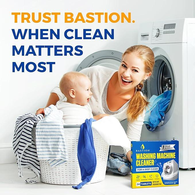 Washing Machine Cleaner Tablets 24 pack Powerful Descaler -Deep Cleaning for HE Front Loader & Top Load Washer Septic Safe Eco-Friendly Deodorizer Clean Drum & Laundry Tub Seal- Year's Supply