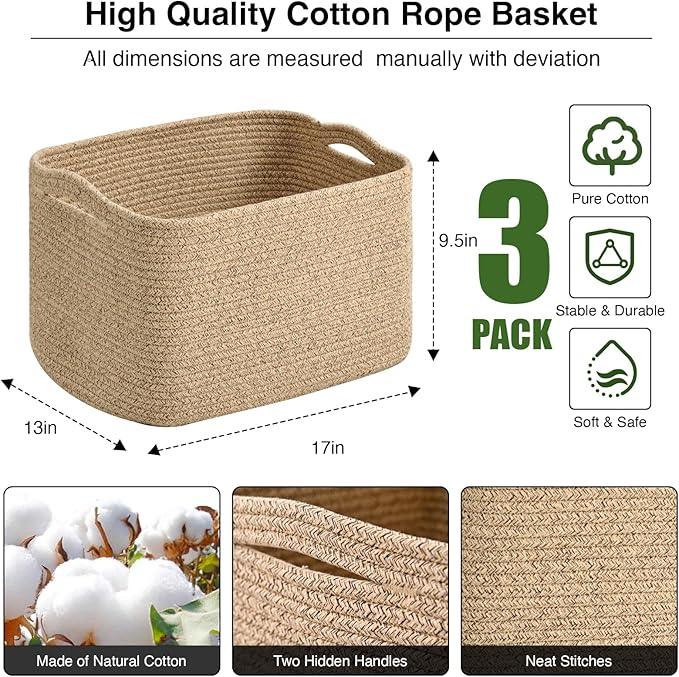Large Storage Baskets for Organizing Shelves, Woven Cotton Rope Bins for Baby Nursery Organization, Book Toy Towel Organizer, 17