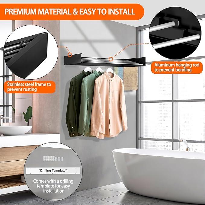 FOCHIER F Laundry Drying Rack Wall Mounted Clothes Drying Rack Collapsible with 5 Aluminum Rods and Drilling Template Long Screwdriver Bit 60 lbs Capacity (Black, 40