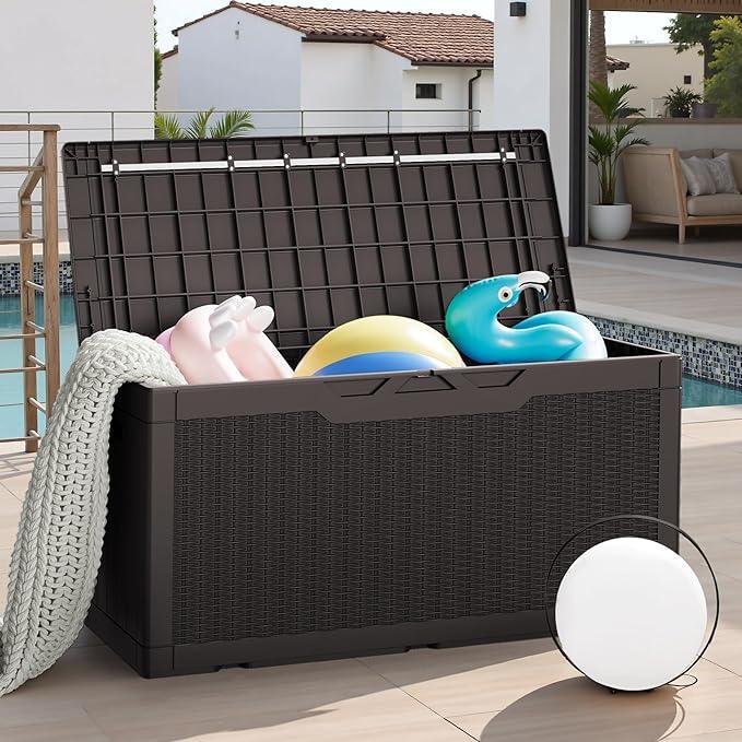 JUMMICO 100 Gallon Resin Deck Box with Cushion, Waterproof Outdoor Storage Box with Lockable Lid for Garden Tools, Patio Cushions (Brown)