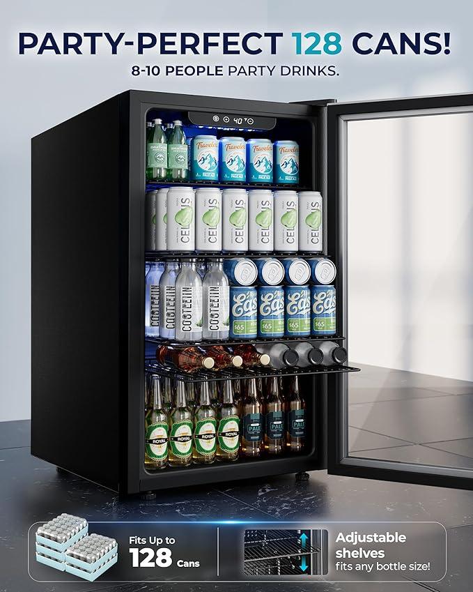 EUHOMY Beverage Refrigerator and Cooler, 128 Can Mini fridge with Glass Door, Small Refrigerator with Adjustable Shelves for Soda Beer or Wine, Perfect for Home/Bar/Office, Silver
