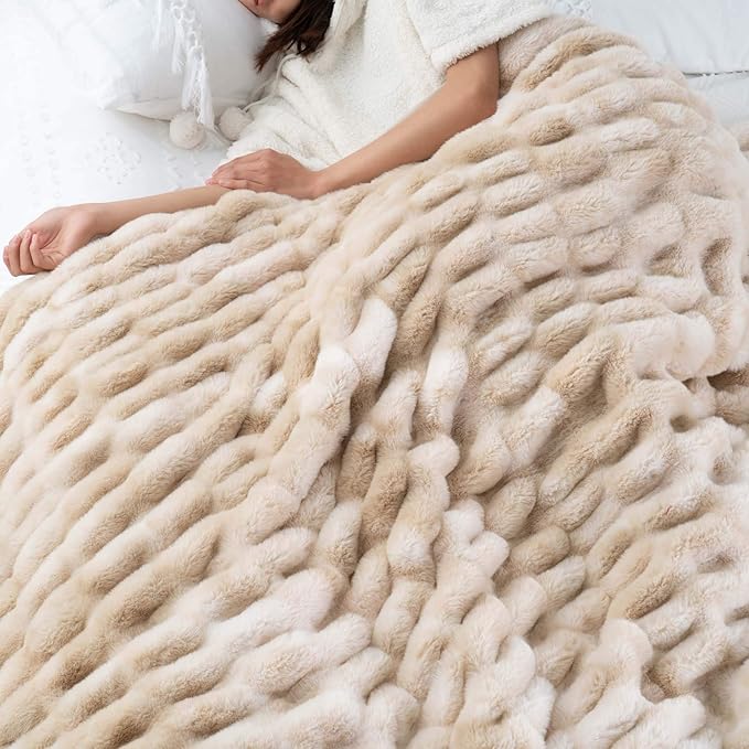 BATTILO HOME Ruched Luxury Faux Fur Throw Blanket Beige Tie-dye Rabbit Fur Blanket for Couch, Living Room, Fuzzy, Soft, Plush, Cozy, Elegant with Reversible Mink Blanket Beige, 60