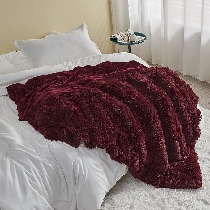 GONAAP Fuzzy Faux Fur Throw Blanket Twin Size Wine Red Super Soft Cozy Plush Fuzzy Shaggy Blanket for Couch Sofa Bed (Wine Red, Twin(60