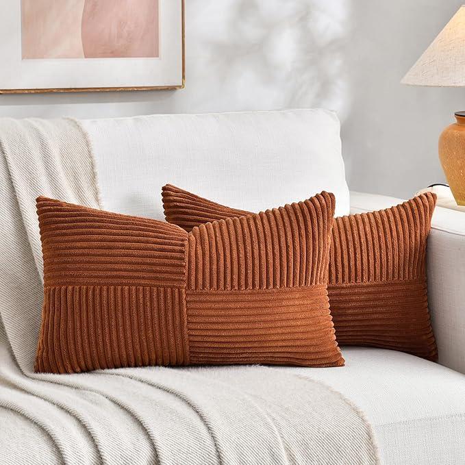 Fancy Homi 2 Packs Rust Lumbar Decorative Throw Pillow Covers 20x28 Inch for Couch Bed Sofa, Rustic Farmhouse Boho Home Decor, Soft Striped Corduroy Rectangle Accent Terracotta Cushion Case 50x70 cm