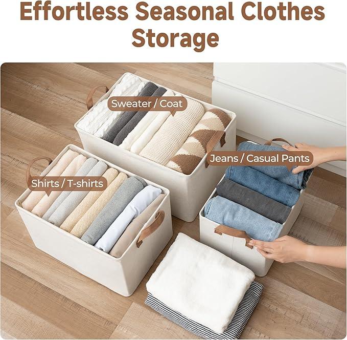 StorageWorks Storage Bins, Shelves Baskets for Organizing, Large Fabric Closet Organizers with Handles, Metal Frame, Beige（Cotton-linen）, 2-Pack
