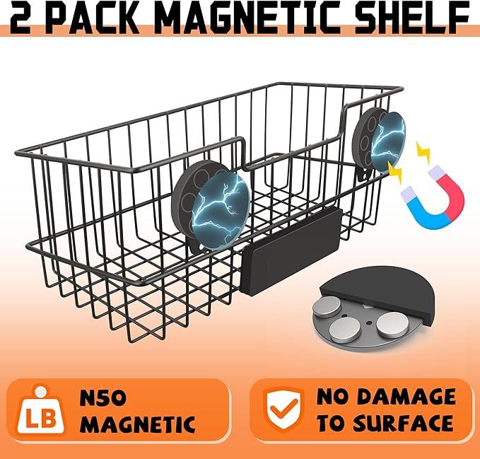 ULIBERMAGNET Magnetic Baskets, Large Capacity Metal Wire Mesh Basket Holder Organizer for Sundry Tool Storage, Magnetic Shelf for Garage, Laundry, Kitchen, Workshop, Cabinet(2 Pack)