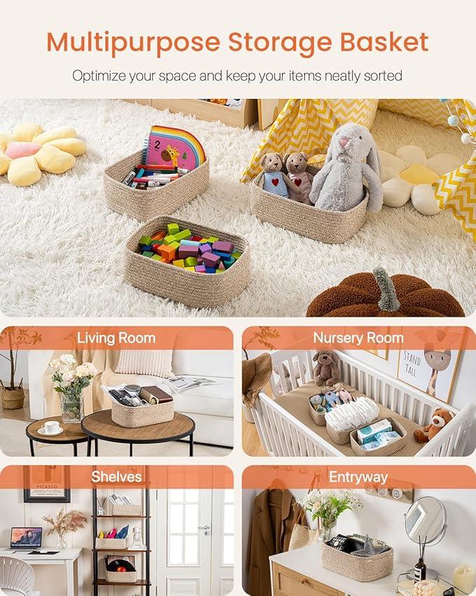 Small Woven Basket, 12 x 8 x 4.5 Inches, Storage Basket for Organizing, Cute Small Rope Shelf Closet Cube Storage Bins Baskets for Shelves, Dog Toy Gift Baskets Empty, 3 Packs, Mixed Brown