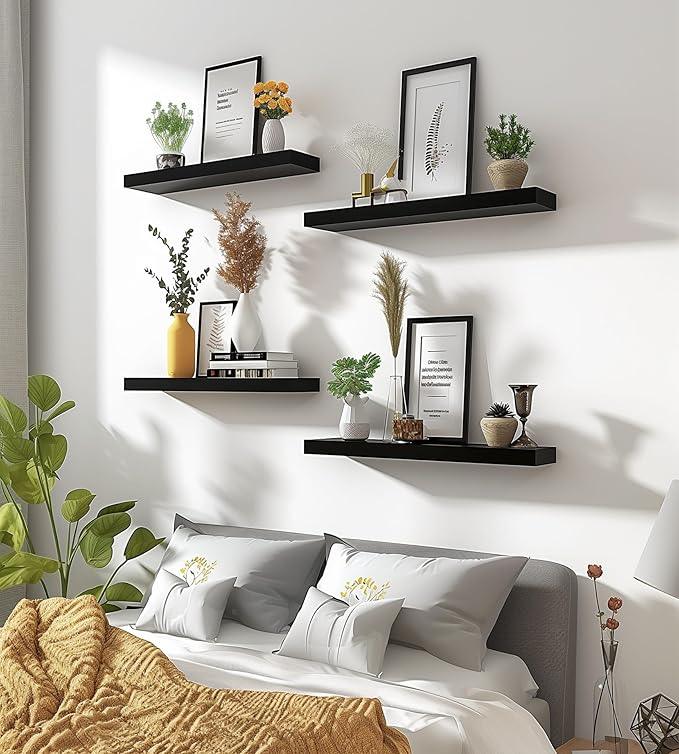 Wood Floating Shelves for Wall Decor, Rustic Wall Shelves for Bedroom Bathroom Kitchen Living Room, Set of 6 Black
