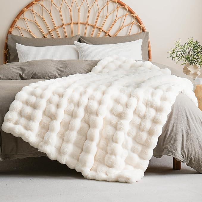 BENVWE Faux Fur Throw Blanket for Couch Bed - Fluffy Soft Thick Bubble Blanket for Living Room Home Decor - Mothers Day Birthday Gifts for Women, Cream White, 63