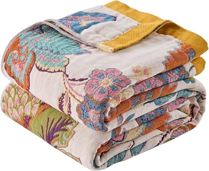 Boho Throw Blanket Reversible Muslin Bohemian Tapestry, Flower Decorated Bohemian Sofa Blanket, Lightweight Breathable 100% Cotton Throw Blanket, Chair Blanket, 50