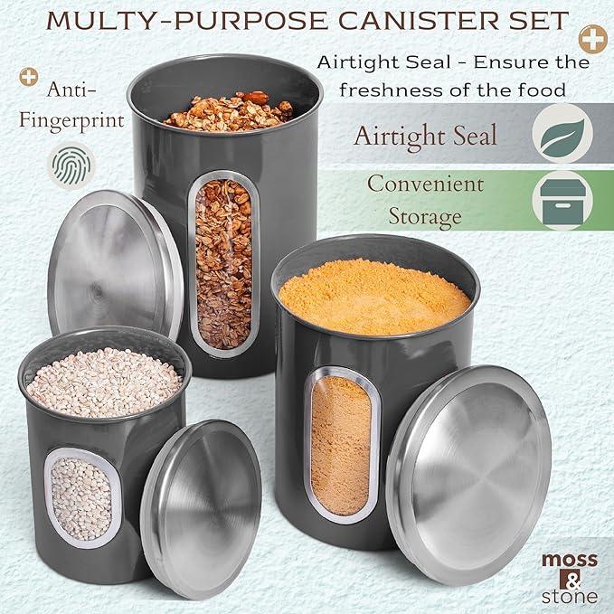 Moss & Stone 3-Piece Gray Canisters Sets For The Kitchen, Airtight Canister Set With See Through Window, Storage Jars for Coffee Container, Tea Organizer & Sugar Canister, Gray Kitchen Canisters