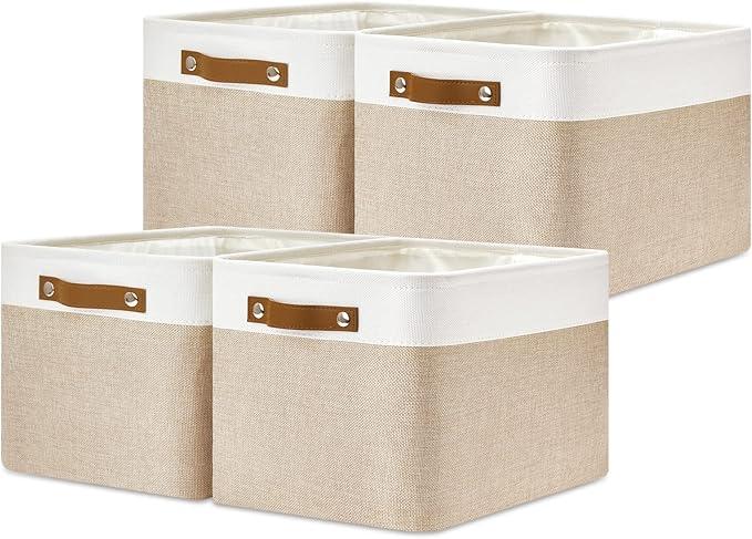 DULLEMELO Fabric Storage Bins for Laundry, Home, Foldable Storage Baskets for Shelves, Toys, Collapsible Storage Bins for Office, Closet,Bedroom(White&Khaki,15