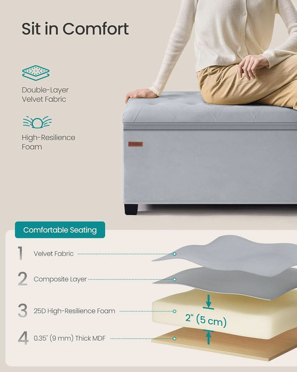Dove Gray Velvet Storage Ottoman Bench 43 Inches Length