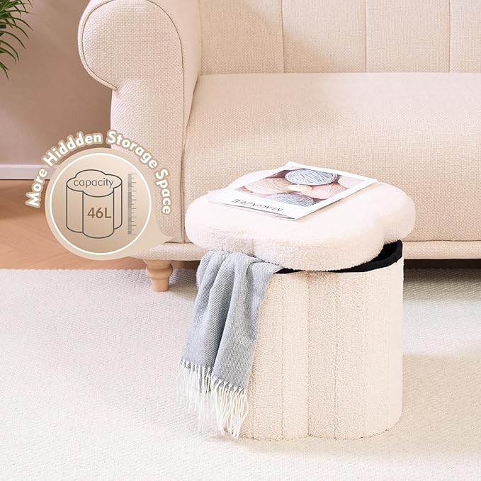 B FSOBEIIALEO Storage Ottoman Cube, Flowers Shaped Ottomans with Storage Foot Stool Footrest, Boucle Ottoman Seat for Dorm Room, Faux Teddy Fur, Cream White 15