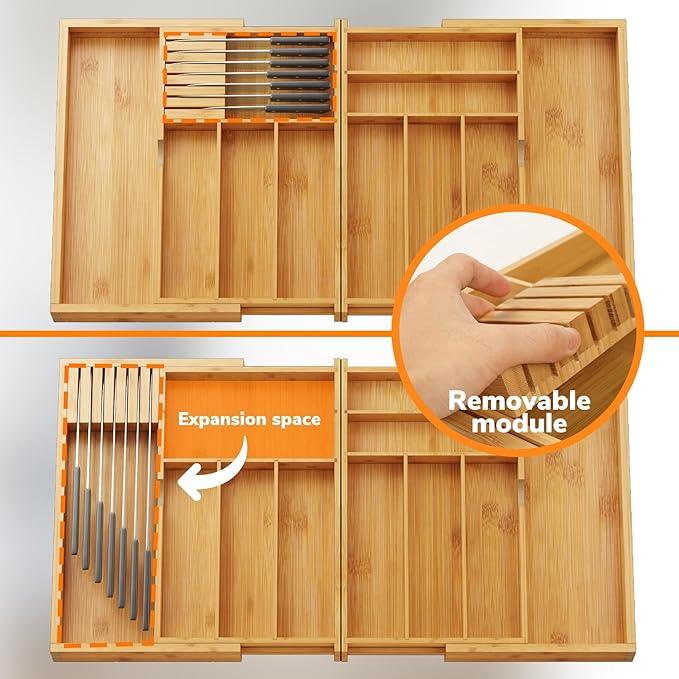 BAMEOS Expandable Silverware Drawer Organizer with Removable Knife Blocks, Bamboo Kitchen Utensil Holder from 21