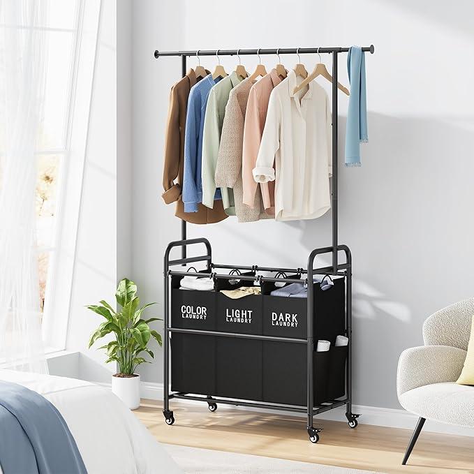 Tajsoon Laundry Sorter Cart with Hanging Rack, Laundry Sorter 3 Section, Laundry Hamper with Heavy Duty Rolling Lockable Wheels, Black