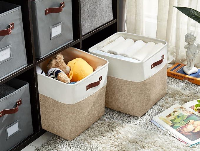 DECOMOMO Storage Cubes, 11x11 Cube Storage Bins, Baskets for Shelves (Beige & White, Cube 11