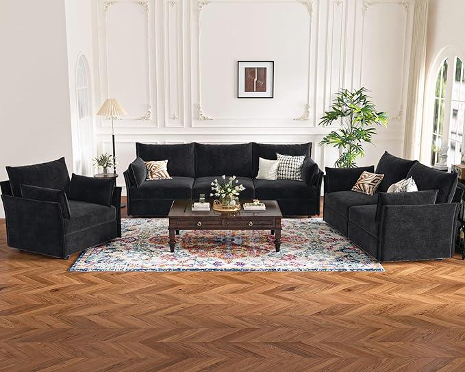 Oversized Loveseat Sofa, Modern Modular Sectional Couch Black Fluffy Chenille Mid Century 2-Seat 24.5
