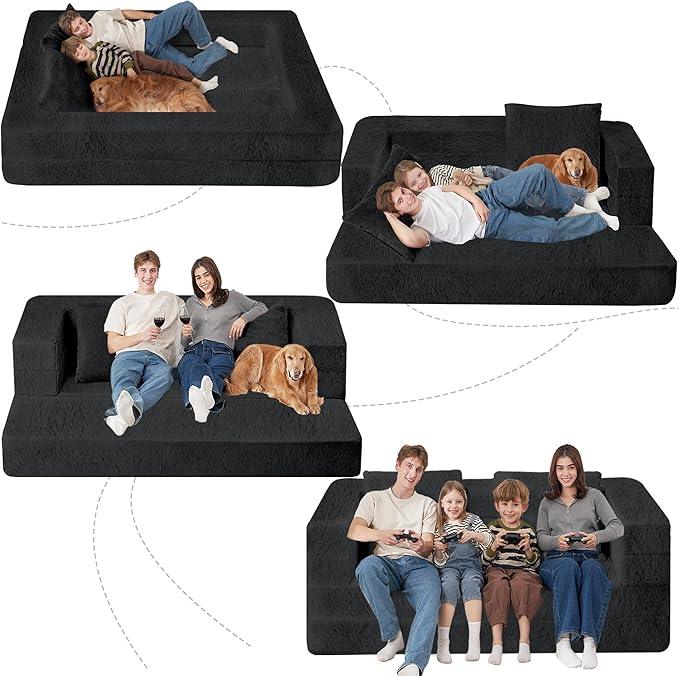 Folding Bean Bag Chair for Adults,3-in-1 Bean Bag Couch Faux Fur Floor Sofa Large Beanbag Convertible Bean Bag Sofa Bed with Pillow in Bedroom,Living Room,Apartment(Queen,Black)
