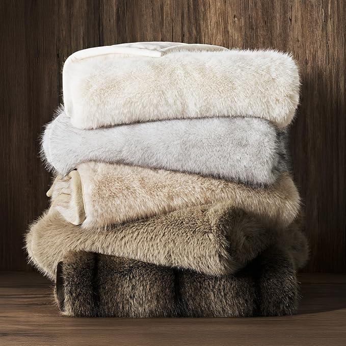 Luxury Faux Fur Throw Blanket, Soft Fluffy Faux Mink Blankets for Bed, Couch, Sofa, Thick Cozy Plush Warm Fur Throws with Reversible Velvet, Natural Mink, 50