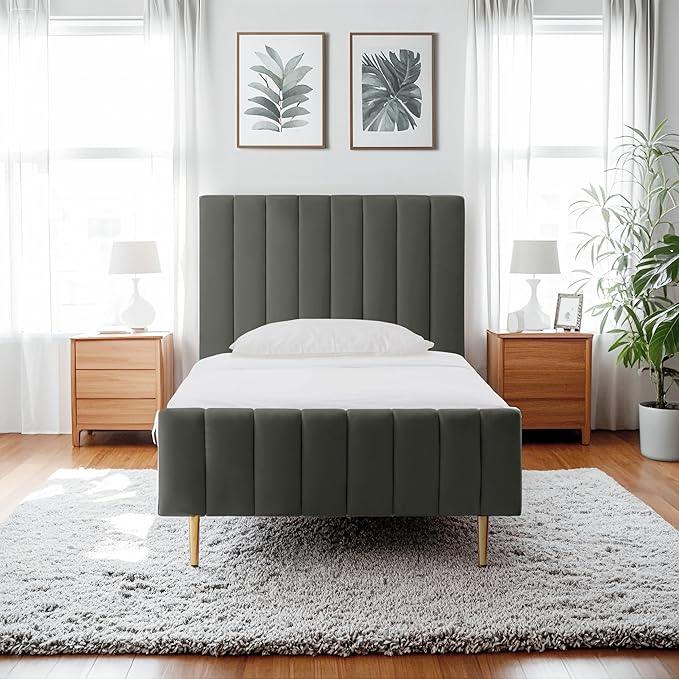 Livinia Twin Size Elton Velvet Platform Bed, Upholstered Bed Frame with Vertical Channel Tufted Headboard Footboard, Strong Wood Slats, No Box Spring Needed, Gray (Twin)