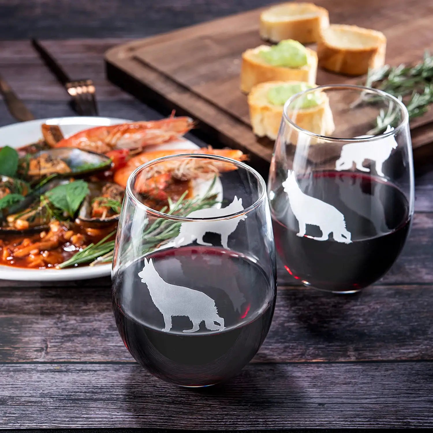 Set of 2 Dog Stemless German Shepherd Wine Glasses by The Wine Savant - Puppy & Doggy Lover for Him and Her Dogs Silhouette - Glass Gifts Etched Tumblers for Anniversary, Wedding, Home Bar Gifts