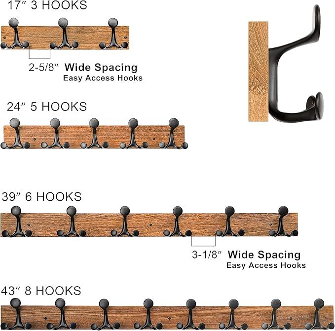 SKOLOO 24-Inch White Wood Coat Rack Wall Mount with 5 Triple Hooks - Ideal for Family Entrances, Classrooms, and Pet Supplies Storage - Perfect Coat Hooks for Wall, Pack of 2