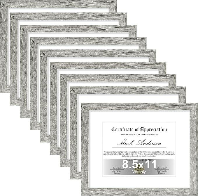 Vittanly 8.5x11 Picture Frames Set of 9, Shatter Resistant Plexiglass, Display 6x8 Pictures with Mat or 8.5x11 without Mat, Photo Frames for Wall or Tabletop, Engineered Wood, Grey