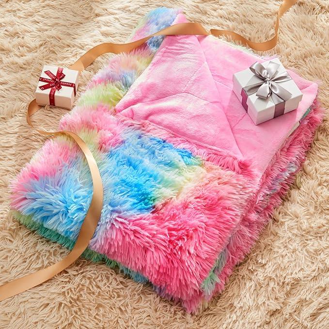GONAAP Fuzzy Faux Fur Throw Blanket Dark Rainbow Super Soft Cozy Plush Fuzzy Shaggy Blanket for Couch Sofa Bed (Dark Rainbow, Throw(50