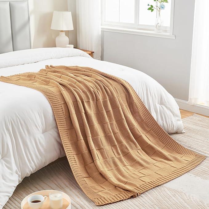 CozeCube Check Knit Throw Blanket, Beige Checkered Throw for Couch, Decorative Christmas Soft Cozy Warm Knitted Blanket for Bed Sofa Living Room, 60