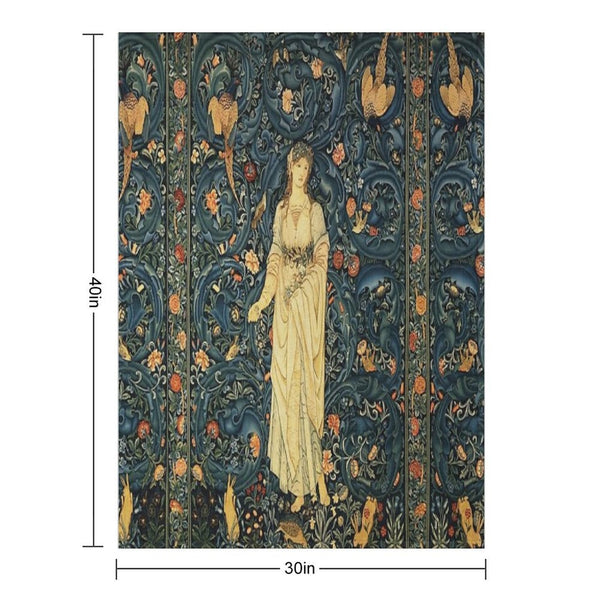 LADY FLORA, GREENERY, FOREST ANIMALS ,PHEASANT BIRDS ,RABBITS Blue Green Floral Tapestry Easy Care Throw Blanket