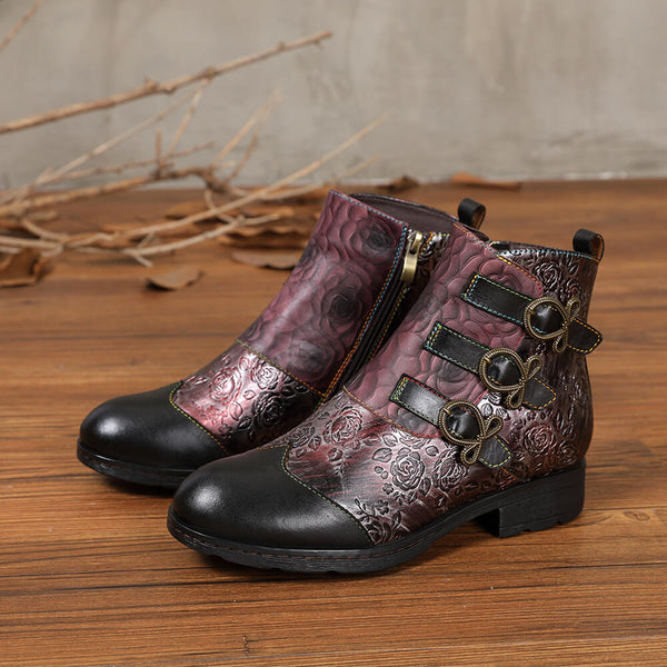 Retro Handmade Leather Painted Floral Flats Boots