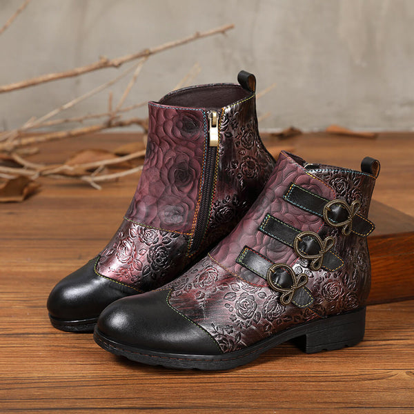 Retro Handmade Leather Painted Floral Flats Boots