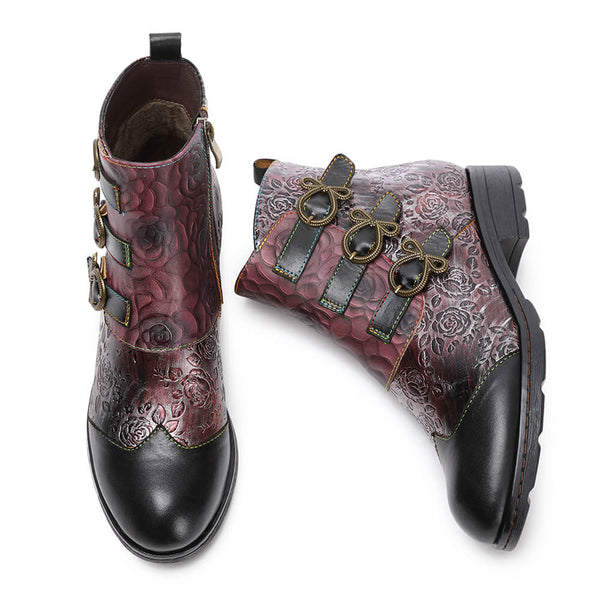 Retro Handmade Leather Painted Floral Flats Boots