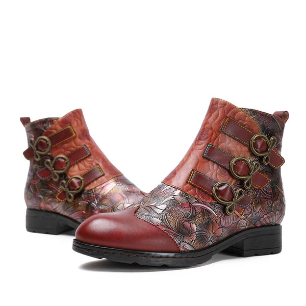 Retro Handmade Leather Painted Floral Flats Boots