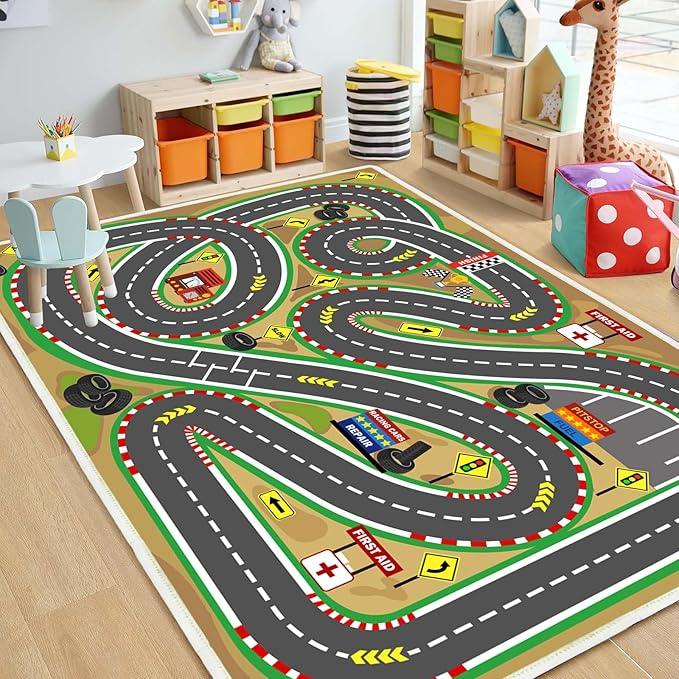 Kids Rug Play mat Playroom Rugs Car Rugs for Kids Toy Cars Race Track for Classroom Rug (Race-Brown, 3.3x4.9ft)