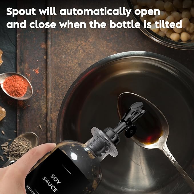 Olive Oil Dispenser Bottle - Includes 55 Kitchen Essential Labels - Cooking Oil Bottles for Kitchen, Coffee Syrup Dispenser - Pourer Spout with 16.9 fl oz Glass Container Cruet - 2pcs, Black