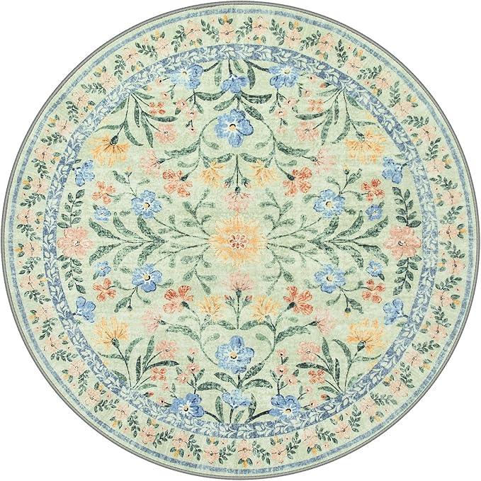 Wonnitar Washable Floral Round Rug, 6ft Sage Green Round Area Rugs for Bedroom Nursery, Boho Non-Slip Indoor Large Circle Carpets for Dining Room Living Room Kids Playroom