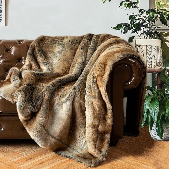 BATTILO HOME Luxury Brown Faux Fur Blanket Thick Warm Elegant Cozy Fuzzy Throw for Couch, Bed, Sofa Fluffy Blankets Decorative Reversible to Plush Velvet, 50