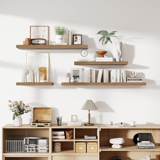 24 Inch Floating Shelves, 12 Inch Deep Floating Shelves for Wall, Floating Shelf with Invisible Brackets, Deep Shelves for Bathroom, Bedroom, Living Room, 2 Pack, Brown